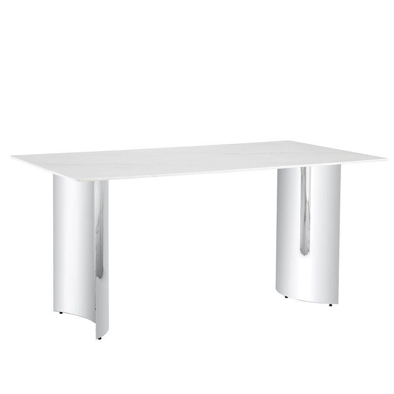 Modern Minimalist Dining Table, White Imitation Marble Glass Sticker Desktop, Stainless Steel Legs, Dining Table For Living Room Dining Room, White