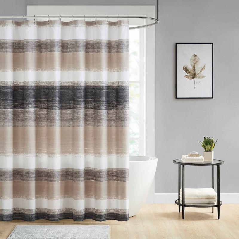 Taupe and Black Watercolor Stripe Shower Curtain with Liner