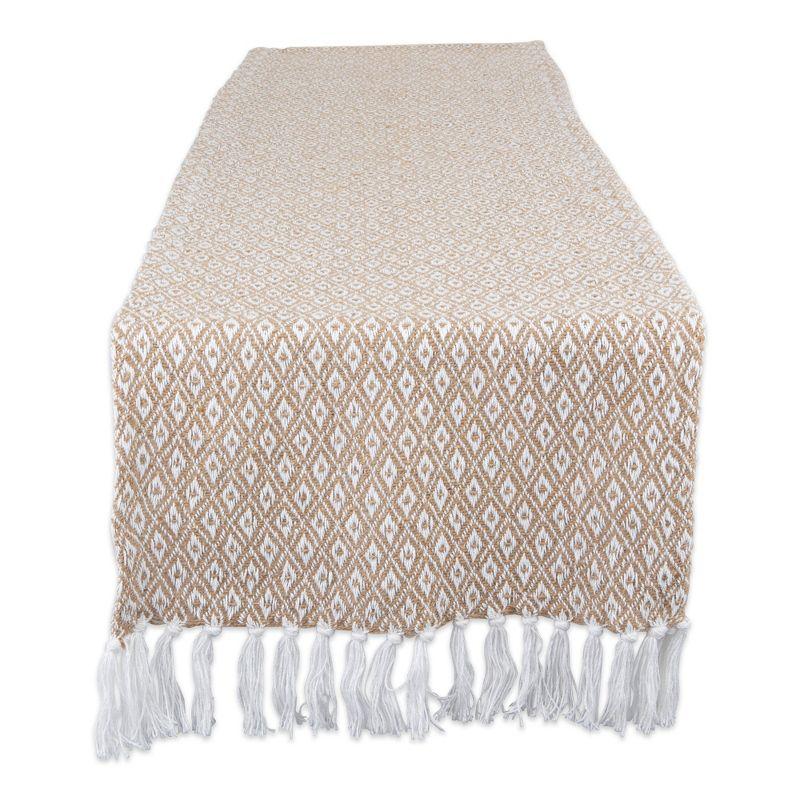 Design Imports  Mini Diamond Jacquard Fringe Table Runner, Stone, 15X72"