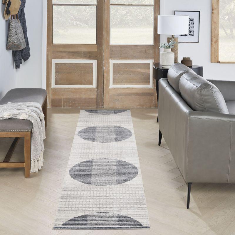 Nourison Astra Machine Washable Semi Circles Mid-Century Modern Indoor Bathroom, Kitchen Runner Rug Ivory Blue 2'2" x 12'