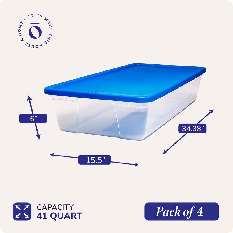 Clear Plastic Stackable Storage Bins with Blue Lids, 41-Quart, 4 Pack