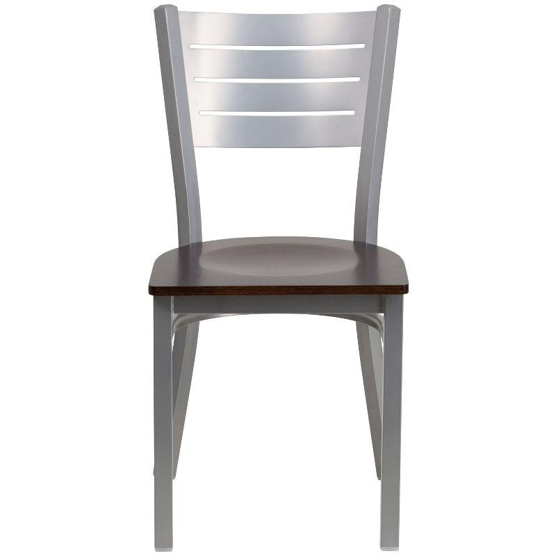 Silver and Walnut Low Slat Back Metal Side Chair