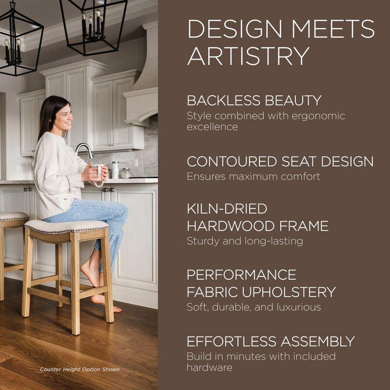 Maven Lane Adrien 31 Inch Bar Height Upholstered Backless Saddle Barstool in Natural Wood Finish with Wheat Cream Fabric Cushion Seat, Set of 2