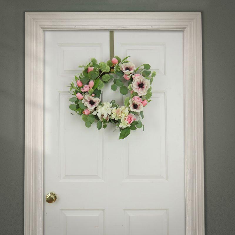 The Holiday Aisle® 22 inch Artificial Spring Wreath with Hydrangea, Tulip, and Eucalyptus Blooms, Realistic Floral Decoration for Front Door or Indoor Décor