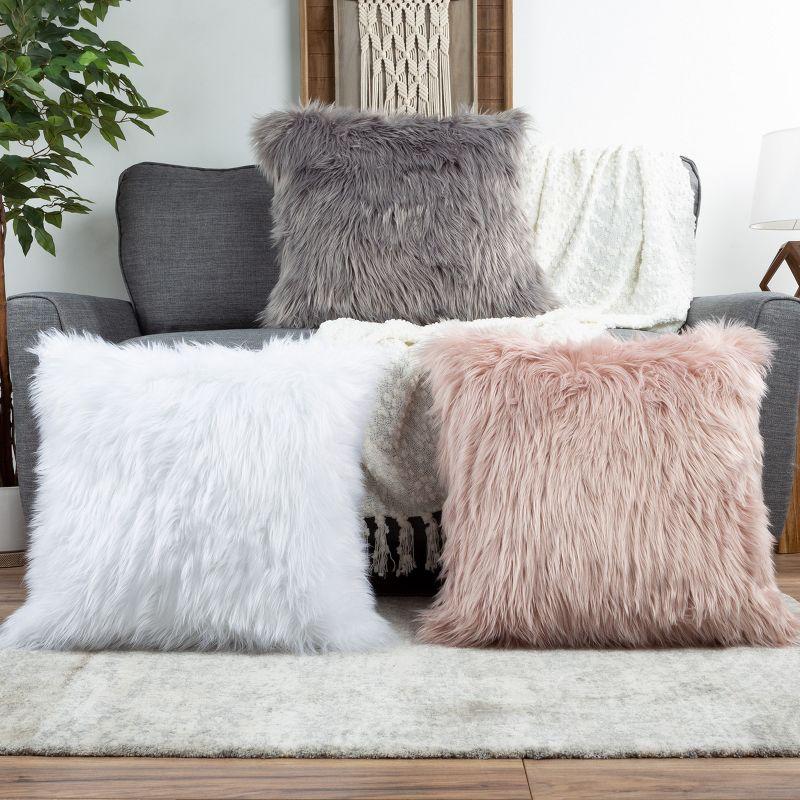 22-in. Plush Pillow Luxury Square Accent Pillow Insert and Shag Glam Cover Set for Bedroom or Living Room by Lavish Home (Gray)