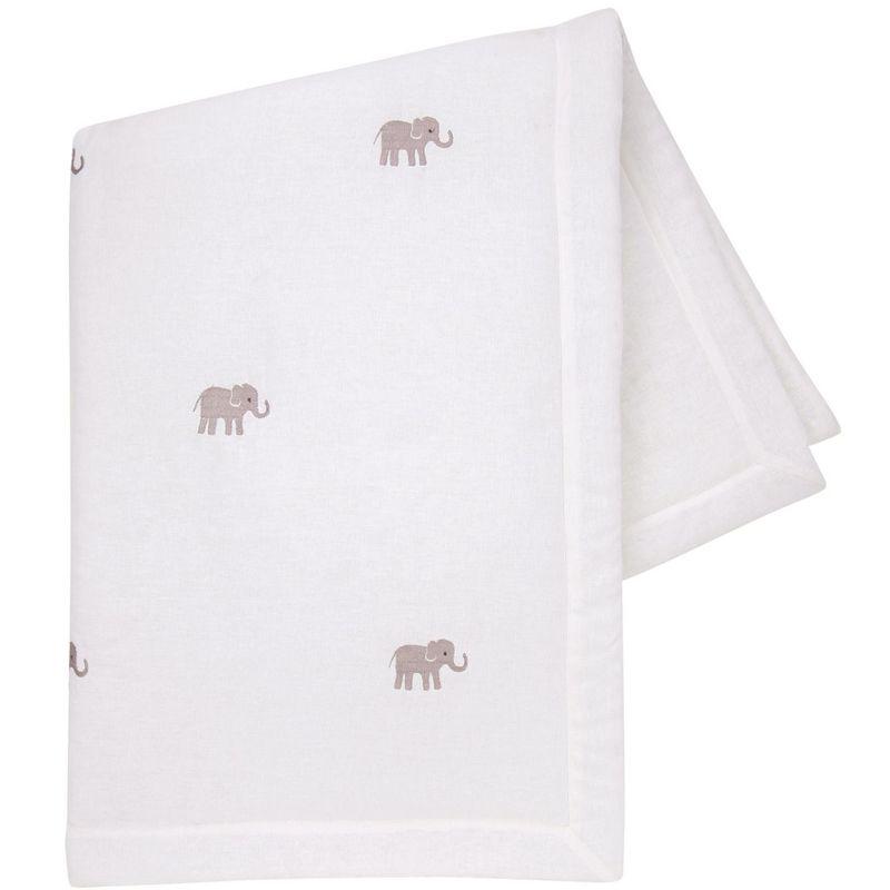 Creamy White Linen Baby Quilt with Gray Elephants