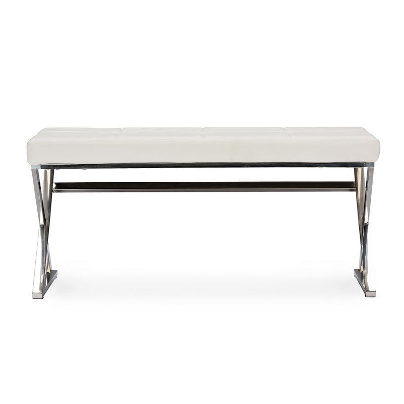 Baxton Studio Herald Modern and Contemporary Stainless Steel and Faux Leather Upholstered Rectangle Bench - White: Chic Entryway Ottoman, Seats 1