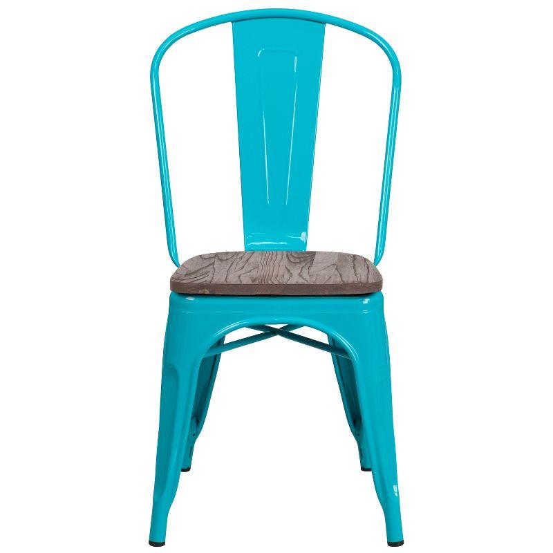 Crystal Teal-Blue Steel Side Chair with Wooden Seat