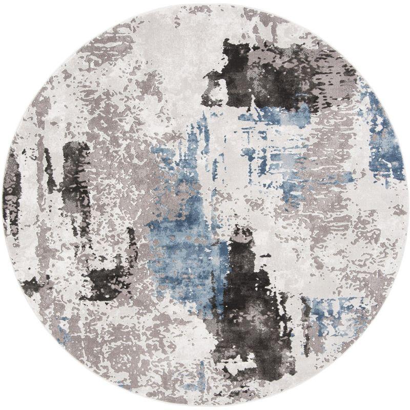 6'7" Round Gray Abstract Synthetic Area Rug