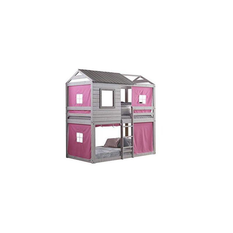 Rustic Gray Pine Twin Bunk Bed with Pink Tent