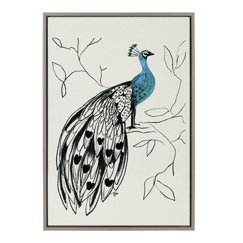 Gray and Blue Peacock Canvas Print with Modern Frame, 23x33