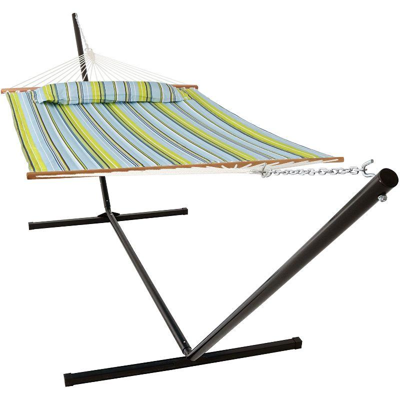 Blue and Green Quilted Double Hammock with Wood Spreader Bar and 15ft Steel Stand