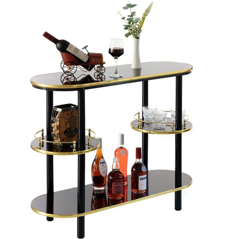 Sleek Brown Wooden Console Bar with Tiered Shelving and Wine Storage