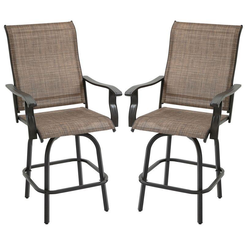 Canora Grey Outsunny Set of 2 Outdoor Swivel Bar Stools with Armrests, Bar Height Patio Chairs with Steel Frame , Brown