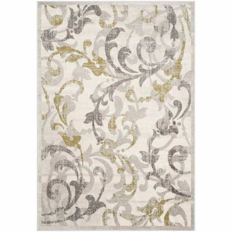 Ivory and Light Grey Floral Synthetic Area Rug