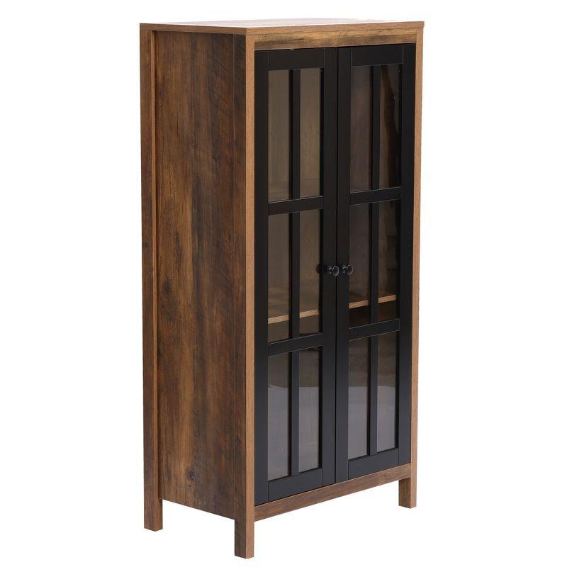 LuxenHome Natural Wood Glass Doors 47.25" H Accent Curio Storage Cabinet Brown