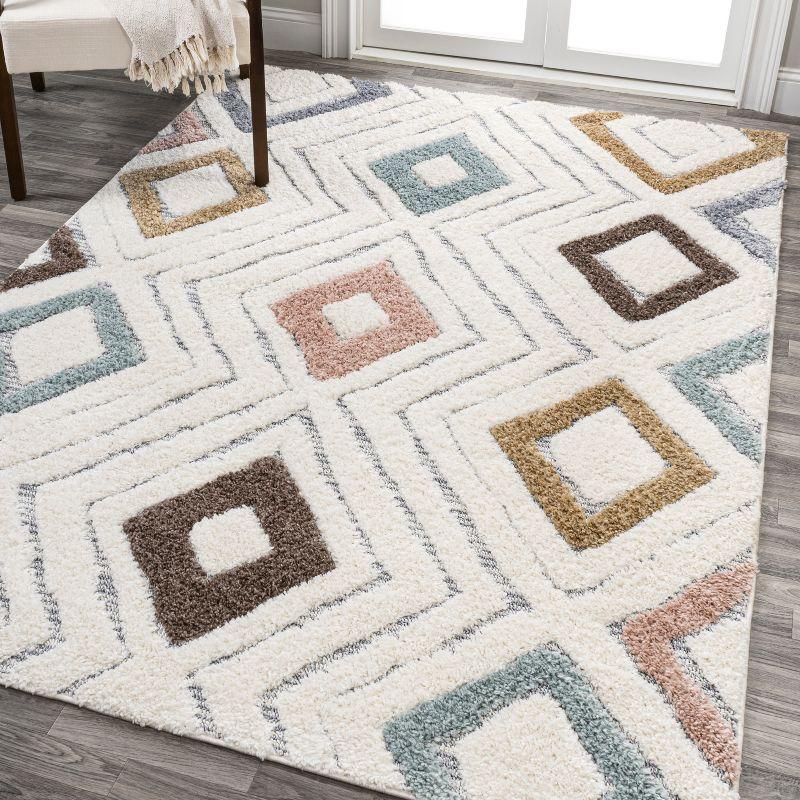 Ivory and Multicolor Geometric Diamond High-Low Area Rug