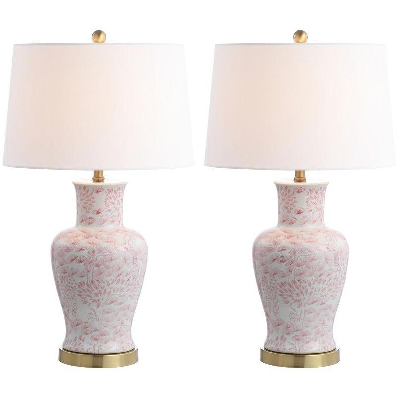 Calli Pink and White Ceramic Table Lamp Set with Brass Base