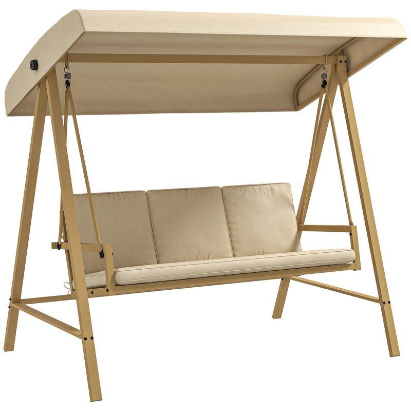 Beige 3-Seat Outdoor Swing with Adjustable Canopy and Cushions