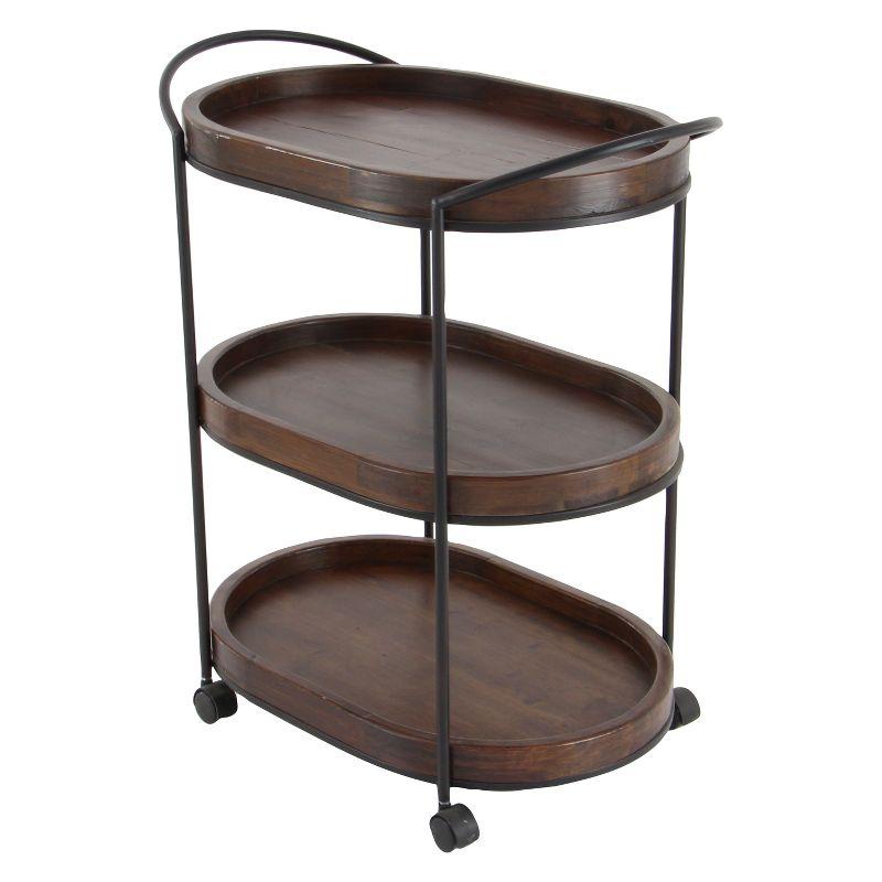 Olivia & May Wood 3 Tier Oval Tray Cart Brown: Pine Rolling Bar Cart with Fixed Shelves, No Assembly Required