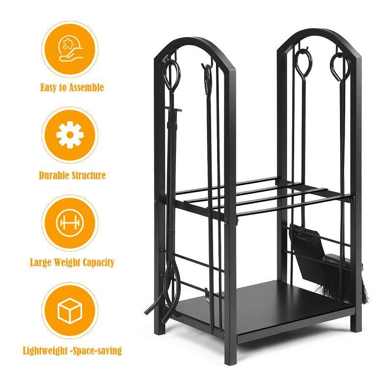 Tangkula Fireplace Log Rack with 4-Piece Fireplace Tools Wrought Iron Storage Logs Holder with Poker Black