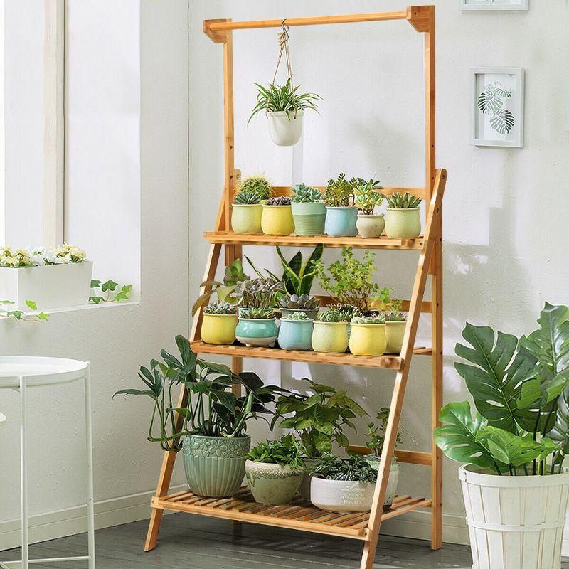 Natural Bamboo 3-Tier Hanging Folding Plant Stand