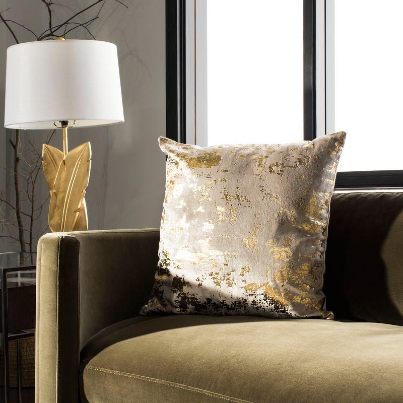 Contemporary Beige and Gold Cotton-Blend Metallic Square Pillow