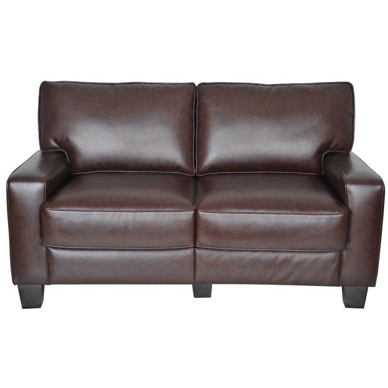 Chestnut Brown Leather 61" Loveseat with Pillow Back and Wood Accents