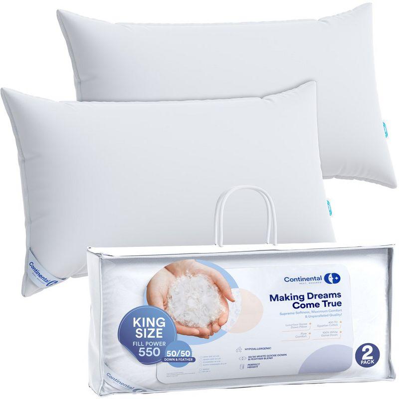 Continental Bedding 50% White Goose Down and 50% White Goose Feather Blend - King Size Pillow - Set of 2