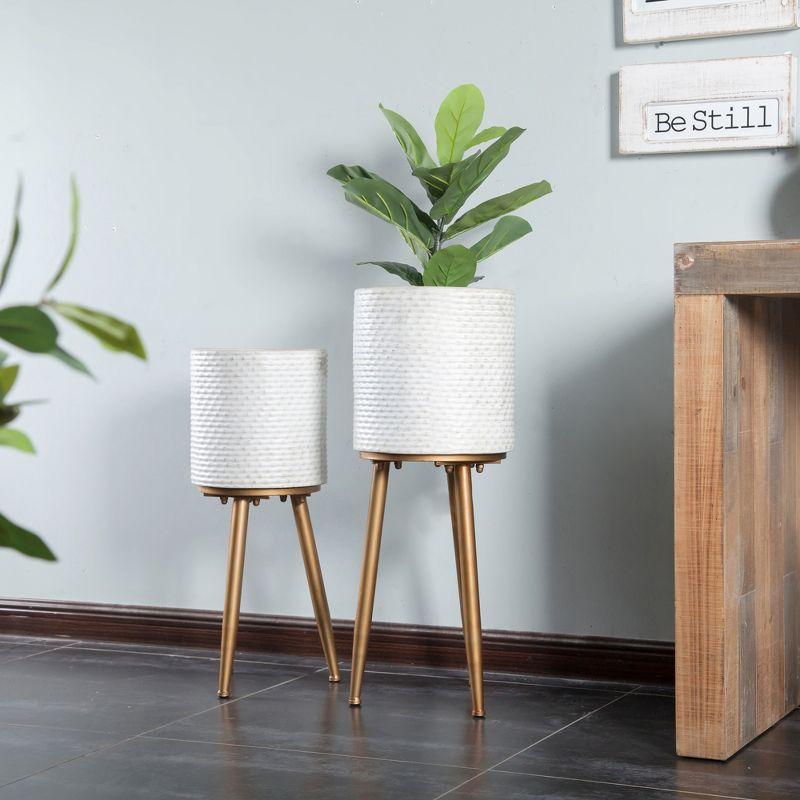 LuxenHome Set of 2 White Dimpled Metal Cachepot Planters with Bronze Metal Legs