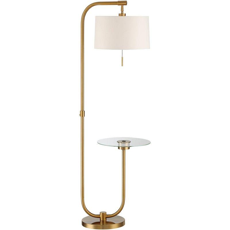 Antique Brass Arc Floor Lamp with White Linen Shade and Glass Tray