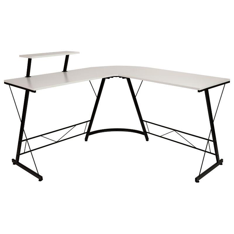 Sleek 71.5" White Laminate and Black Metal L-Shaped Gaming Desk with Monitor Stand