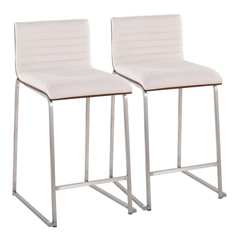 Set of 2 Cream and Walnut Counter Height Barstools with Stainless Steel Base