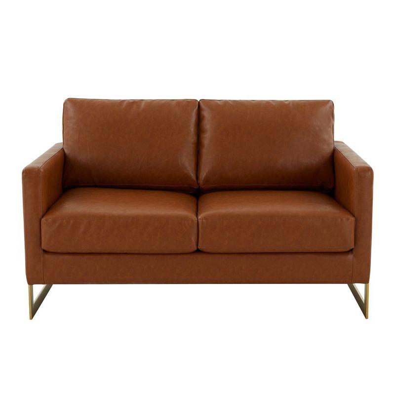 LeisureMod Lincoln Mid-Century Modern Upholstered Faux Leather Loveseat with Gold Frame