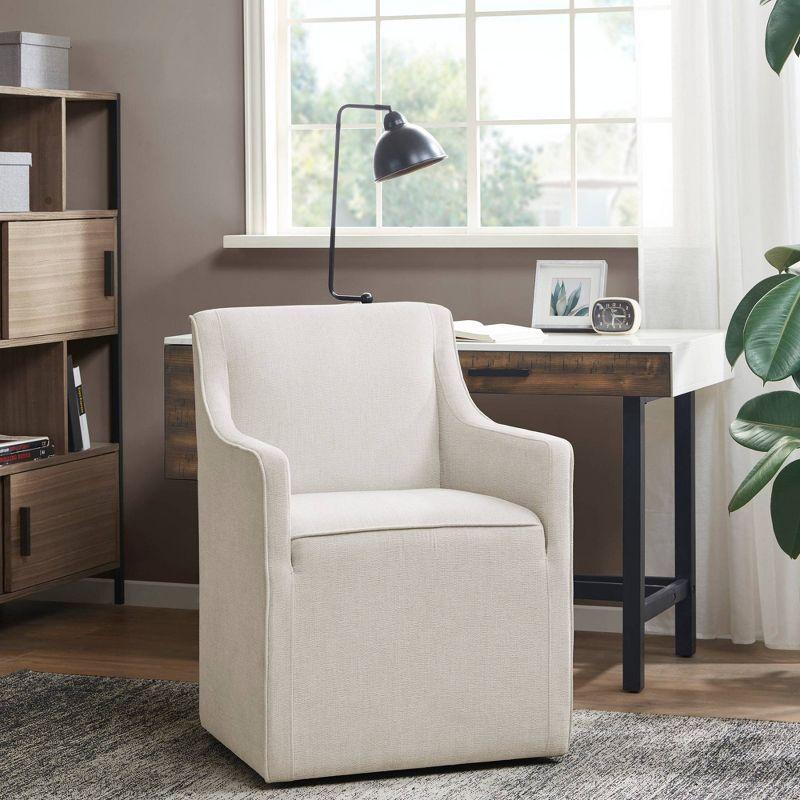 Cream Upholstered High Back Dining Arm Chair with Casters