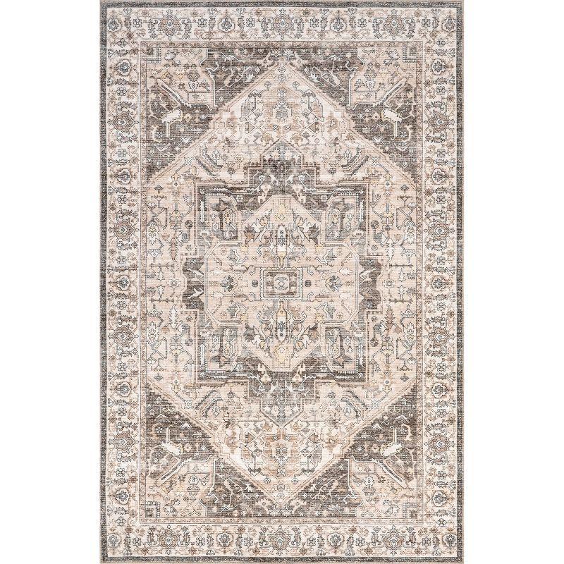 Nuloom 4x6 Machine Washable Rain Haven Vintage Medallion Indoor Area Rug, Brown Non-Slip Backing, Stain Resistant, BedroomLiving Room, Kitchen