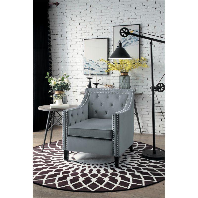 Grazioso Gray Velvet Upholstered Accent Chair with Nailhead Trim