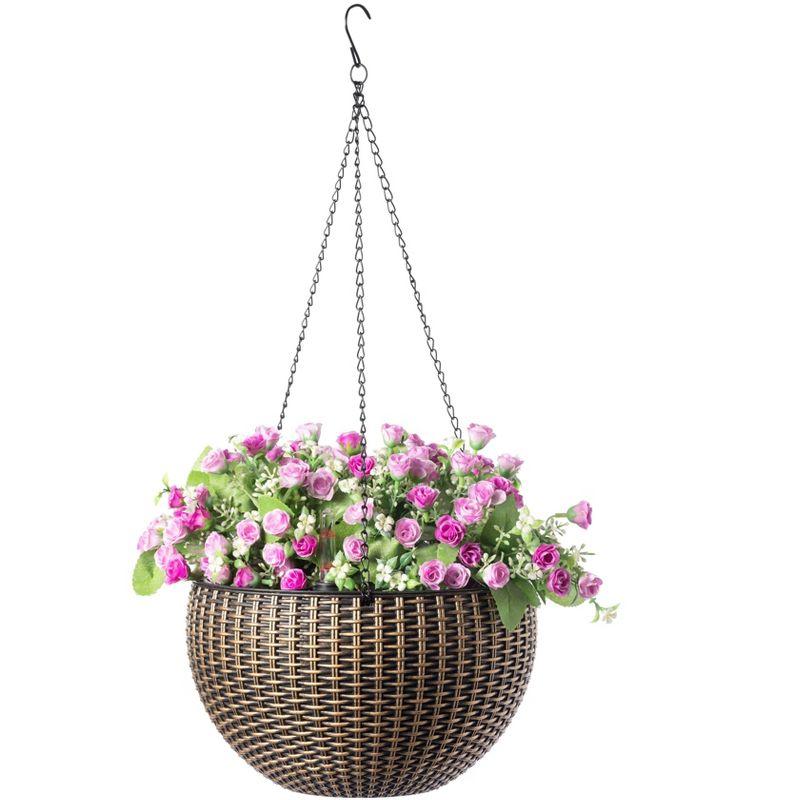 10" Bronze Self-Watering Hanging Basket Planter with Pink Flowers