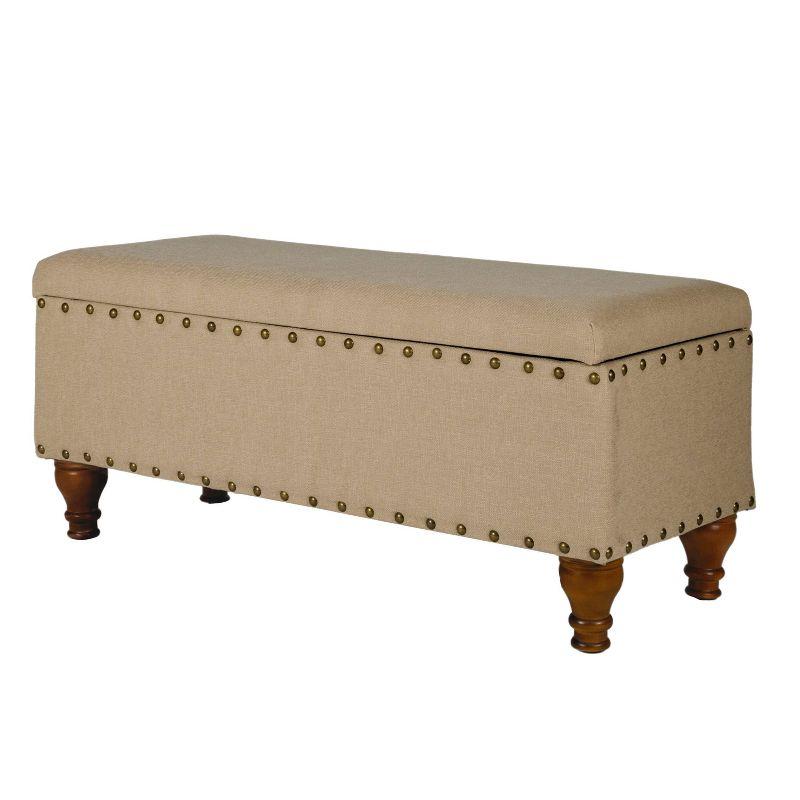 Tan Upholstered Storage Bench with Nailhead Trim and Wood Legs