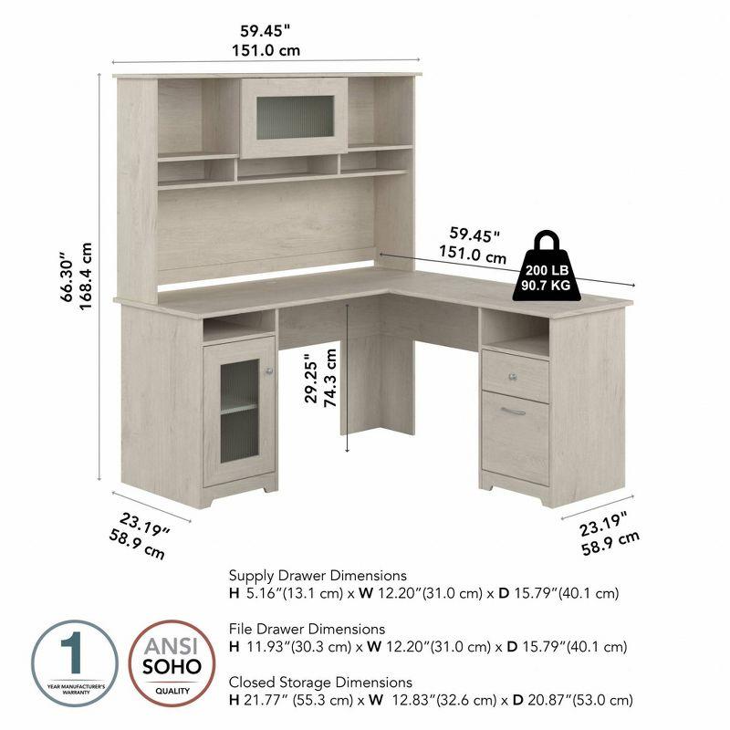 Cabot 60W L Shaped Computer Desk with Hutch Linen White Oak - Bush Furniture: Executive Workspace, File Storage