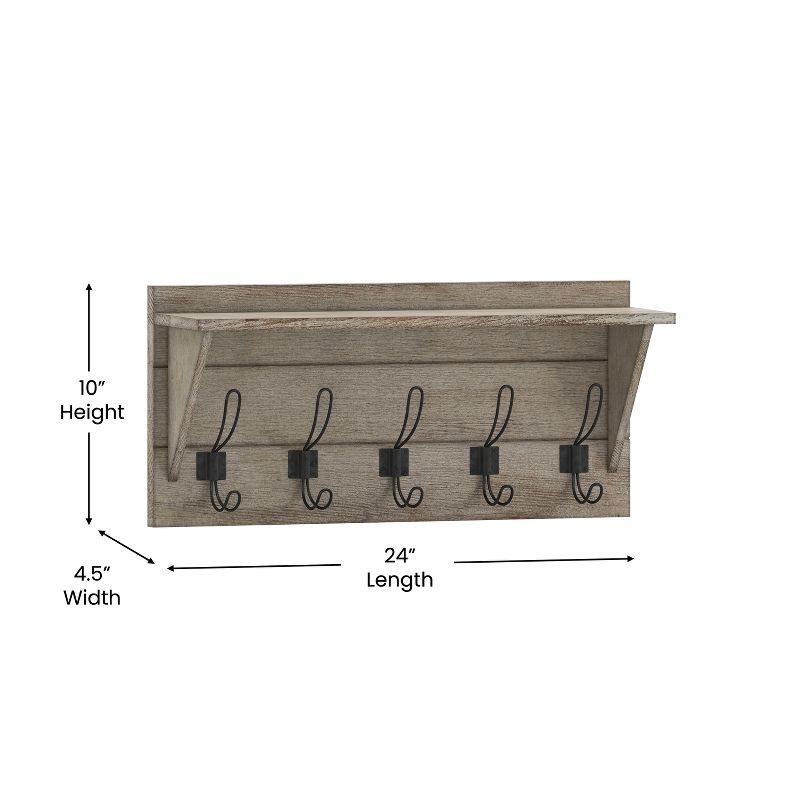 Weathered Pine Wood Wall Mount Storage Rack with 5 Hooks and Shelf