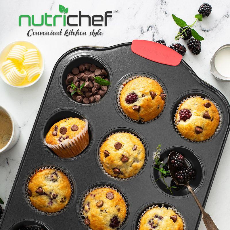 NutriChef 12-Cup Nonstick Carbon Steel Muffin Pan with Red Silicone Handles