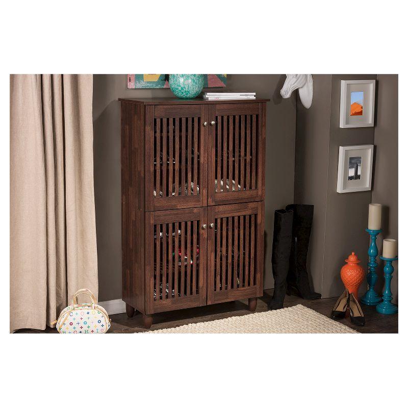 Baxton Studio Fernanda Modern and Contemporary 4-Door Wooden Entryway Shoes Storage Tall Cabinet - Oak Brown: Fixed Shelves, Mahogany Frame