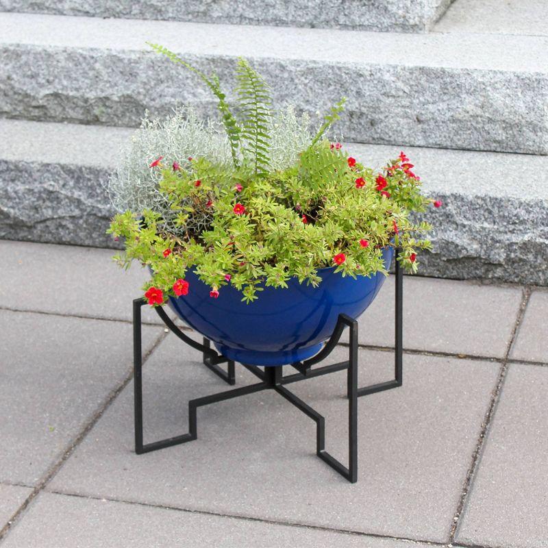 ACHLA Designs 16" Wide Planter Bowl Galvanized Steel with Black Wrought Iron Jane Plant Stand French Blue: Weather-Resistant, No Assembly Required