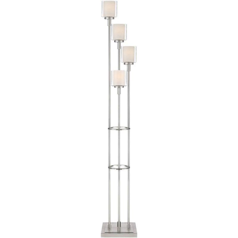 Possini Euro Design Athena Modern Floor Lamp 72" Tall Brushed Nickel 4 Light Tree Clear Outer Opal Inner Double Glass Shade for Living Room Bedroom