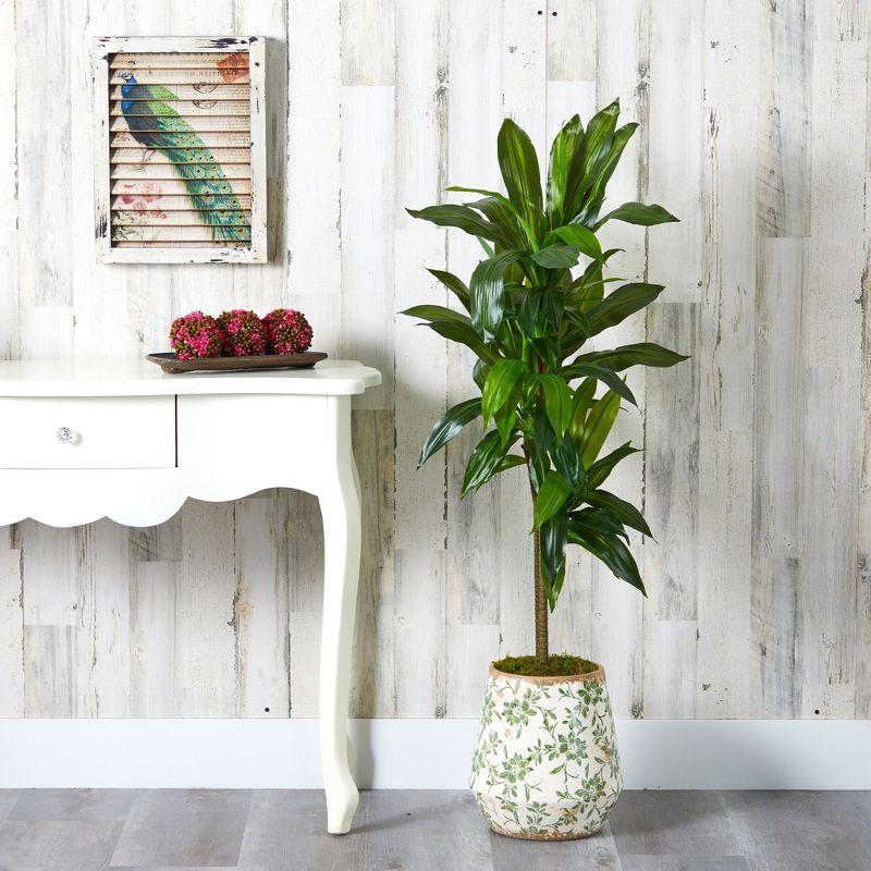 Nearly Natural 4-ft Dracaena Artificial Plant in Flower Print Planter (Real Touch)