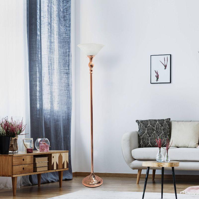 Elegant Rose Gold Torchiere Floor Lamp with Marbleized White Glass