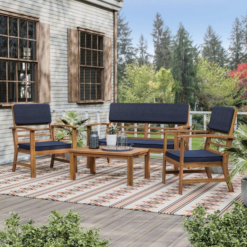 Greemotion 4-Piece Acacia Wood Outdoor Conversation Set with Blue Cushions