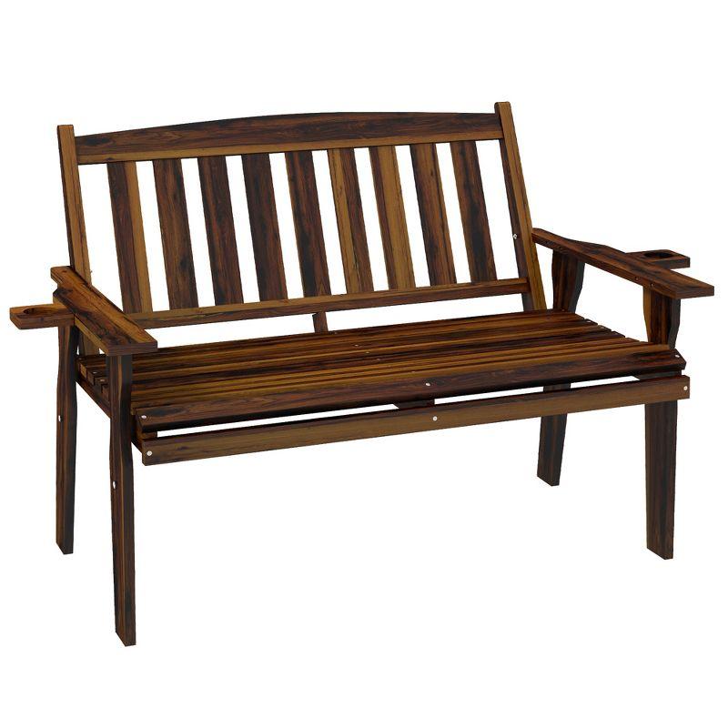 Outsunny Carbonized Fir Wood 2-Person Garden Bench with Cupholders