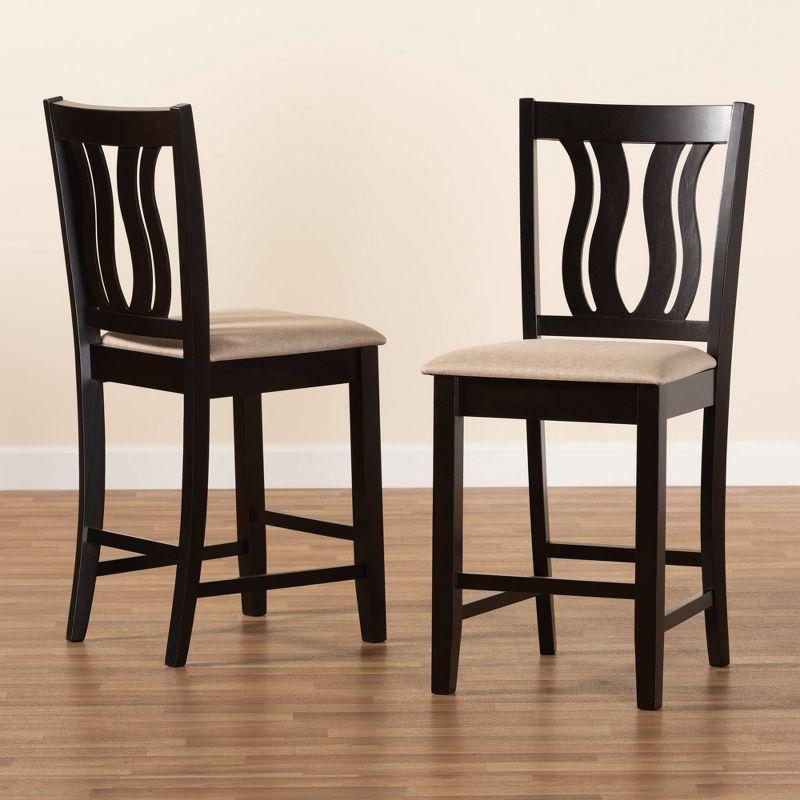 Baxton Studio 2pc Fenton Fabric Upholstered and Wood Barstool Set Dark Brown: Geometric Backrest, Polyester Upholstery, 25" Seat Height